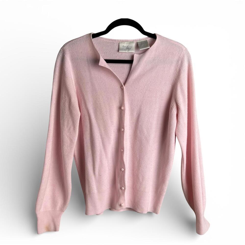 Vintage Soft Pink Ribbed Button-Up Cardigan Sweater